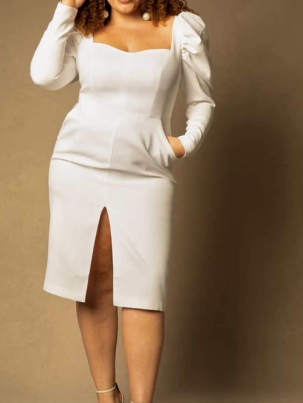 Elegant White Puff-Sleeve Midi Dress with Front Slit Size 20